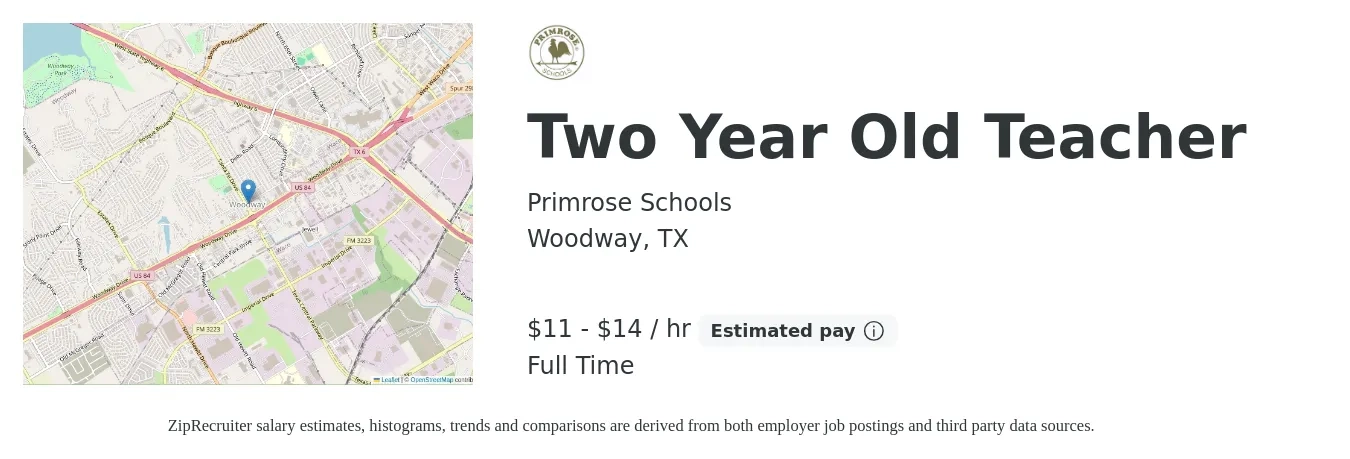 Primrose School of Waco at Woodway job posting for a Two Year Old Teacher in Woodway, TX with a salary of $12 to $15 Hourly with a map of Woodway location.