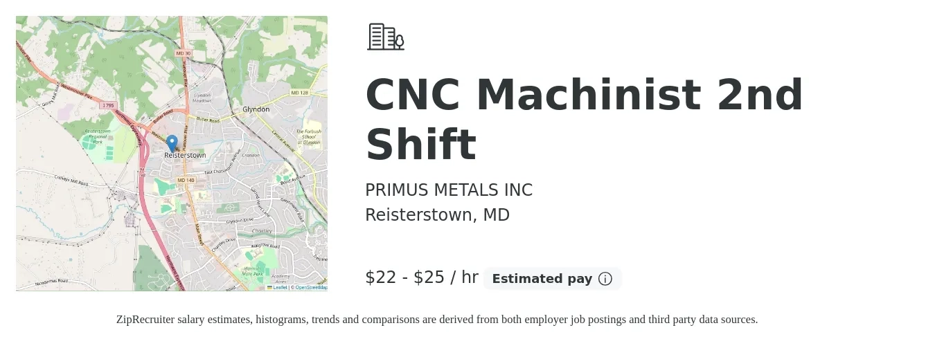 PRIMUS METALS INC job posting for a CNC Machinist 2nd Shift in Reisterstown, MD with a salary of $23 to $26 Hourly with a map of Reisterstown location.