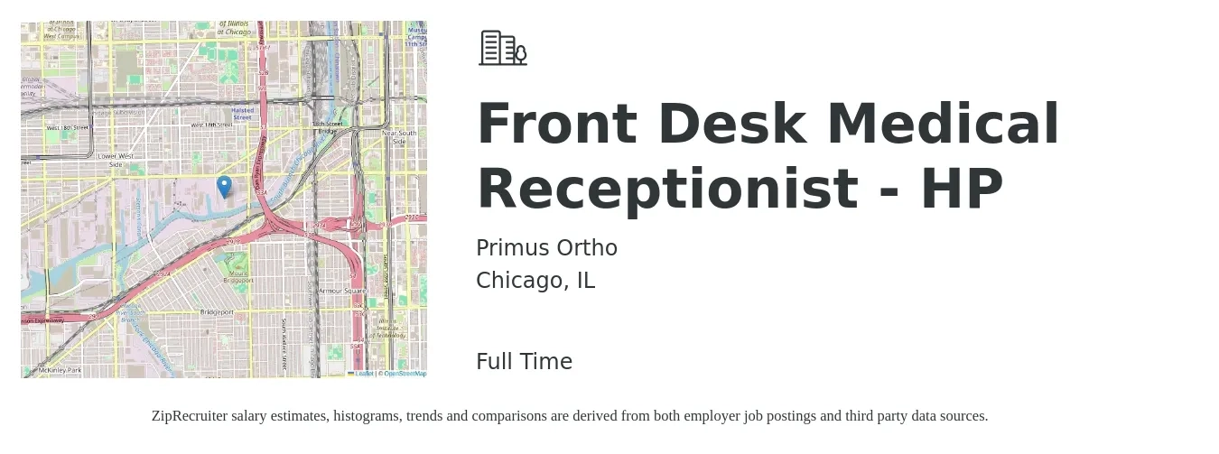 Primus Ortho job posting for a Front Desk Medical Receptionist - HP in Chicago, IL with a salary of $16 to $20 Hourly with a map of Chicago location.