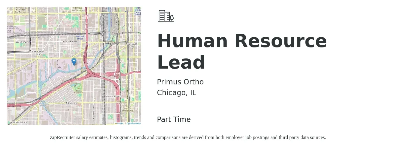 Primus Ortho job posting for a Human Resource Lead in Chicago, IL with a salary of $71,700 to $103,900 Yearly with a map of Chicago location.