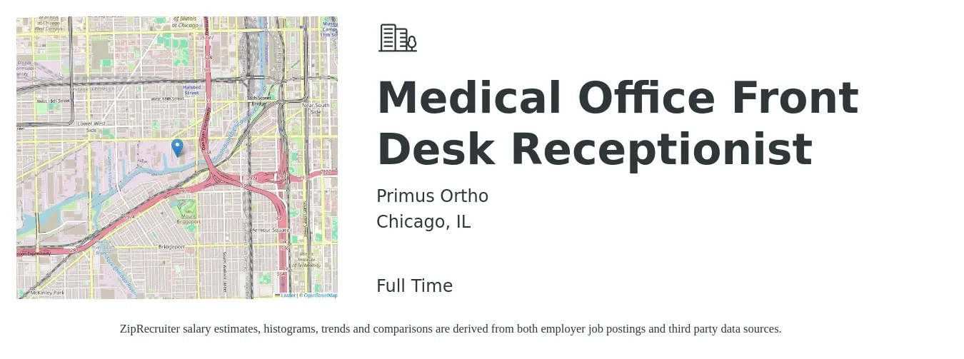 Primus Ortho job posting for a Medical Office Front Desk Receptionist in Chicago, IL with a salary of $16 to $20 Hourly with a map of Chicago location.