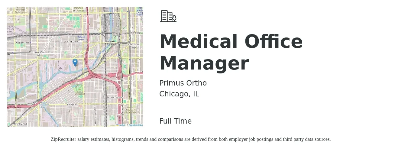 Primus Ortho job posting for a Medical Office Manager in Chicago, IL with a salary of $46,700 to $67,500 Yearly with a map of Chicago location.