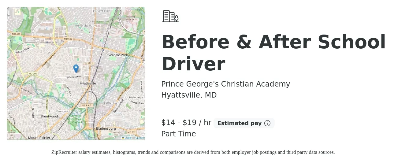 Prince George's Christian Academy job posting for a Before & After School Driver in Hyattsville, MD with a salary of $15 to $20 Hourly with a map of Hyattsville location.