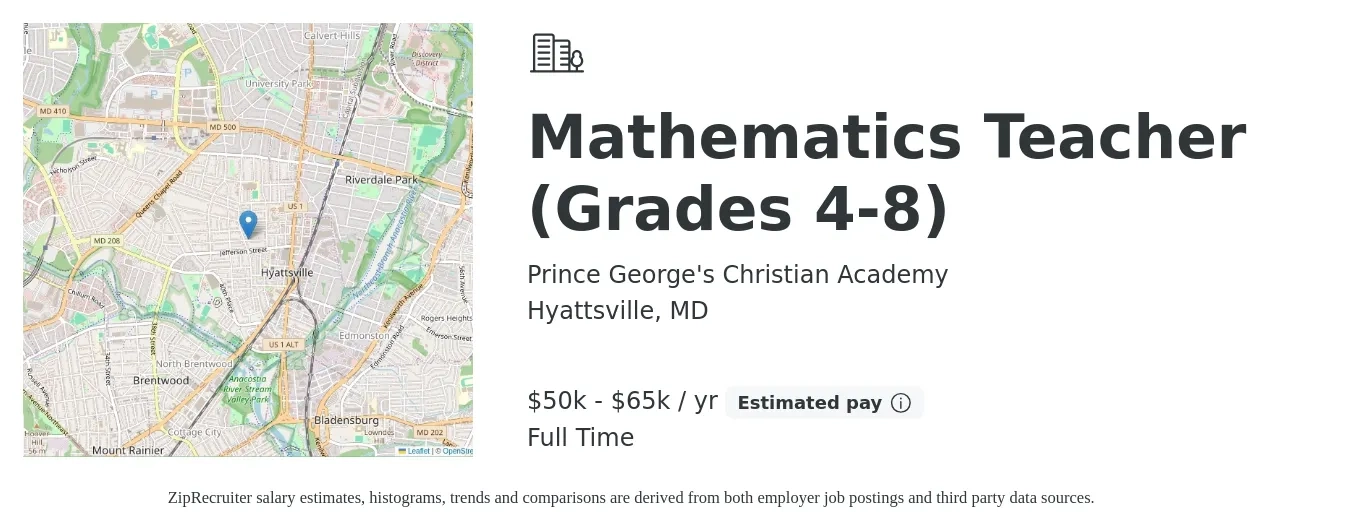 Prince George's Christian Academy job posting for a Mathematics Teacher (Grades 4-8) in Hyattsville, MD with a salary of $50,000 to $65,000 Yearly with a map of Hyattsville location.