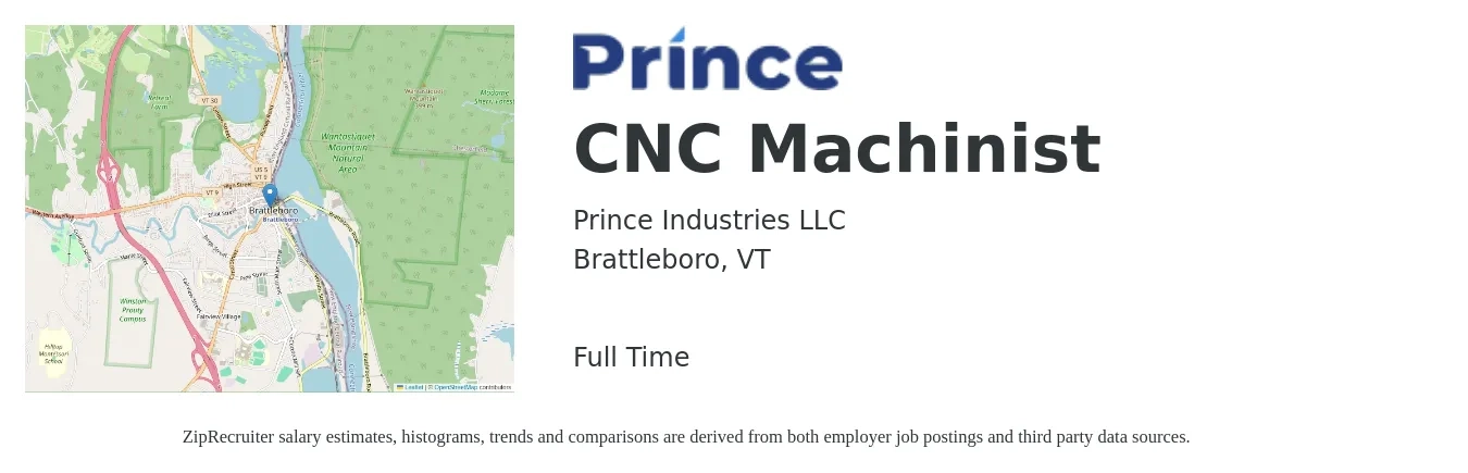 Prince Industries LLC job posting for a CNC Machinist in Brattleboro, VT with a salary of $21 to $28 Hourly with a map of Brattleboro location.