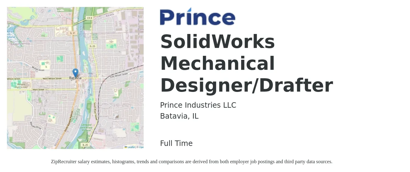 Prince Industries LLC job posting for a SolidWorks Mechanical Designer/Drafter in Batavia, IL with a salary of $71,400 to $94,800 Yearly with a map of Batavia location.
