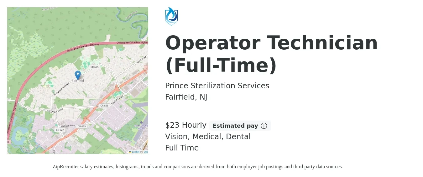 Prince Sterilization Services job posting for a Operator Technician (Full-Time) in Fairfield, NJ with a salary of $24 Hourly and benefits including vision, dental, medical, pto, and retirement with a map of Fairfield location.