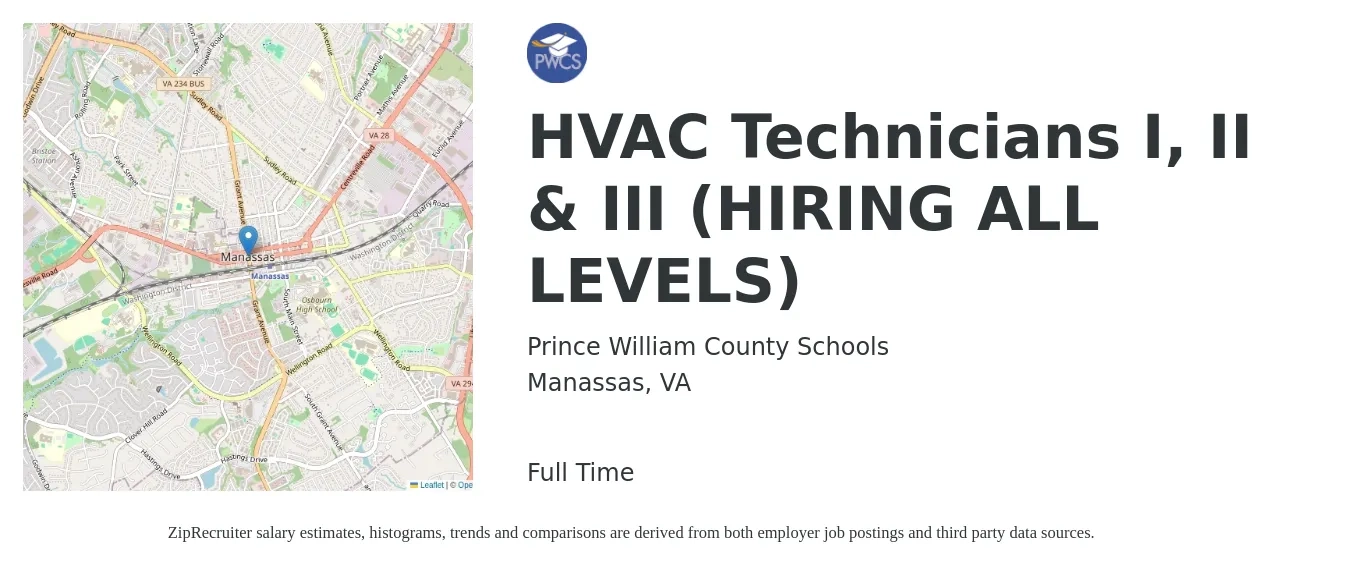 Prince William County Schools job posting for a HVAC Technicians I, II & III (HIRING ALL LEVELS) in Manassas, VA with a salary of $22 to $32 Hourly with a map of Manassas location.