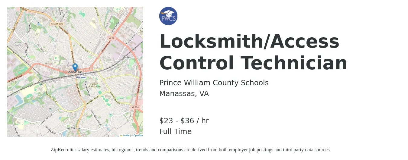 Prince William County Schools job posting for a Locksmith/Access Control Technician in Manassas, VA with a salary of $24 to $38 Hourly with a map of Manassas location.