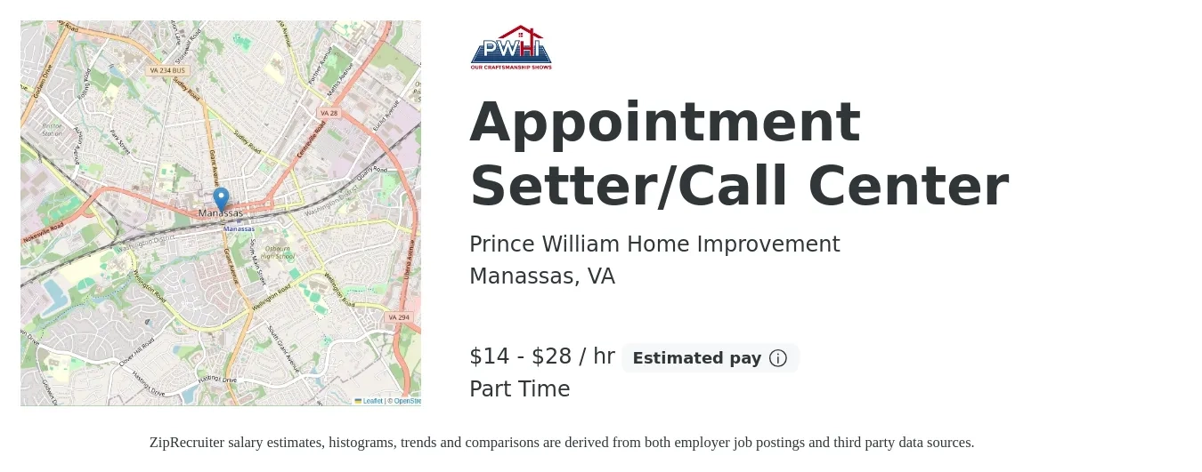 Prince William Home Improvement job posting for a Appointment Setter/Call Center in Manassas, VA with a salary of $15 to $30 Hourly with a map of Manassas location.