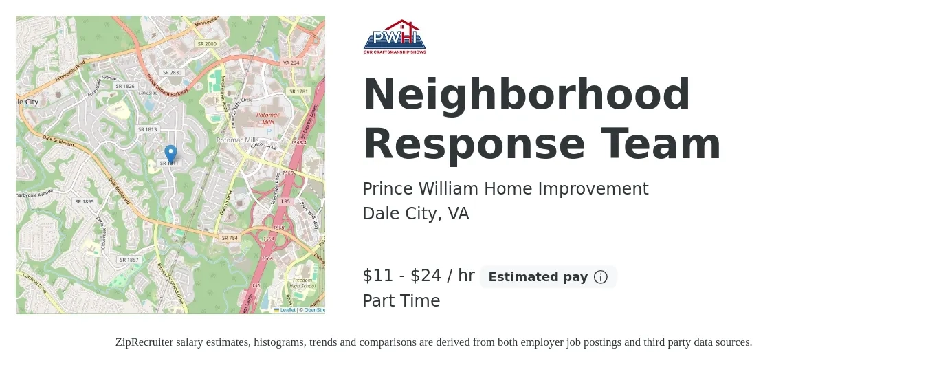 Prince William Home Improvement job posting for a Neighborhood Response Team in Dale City, VA with a salary of $12 to $25 Hourly (plus commission) with a map of Dale City location.