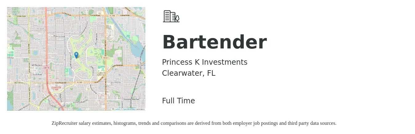 Princess K Investments job posting for a Bartender in Clearwater, FL with a salary of $9 to $17 Hourly with a map of Clearwater location.