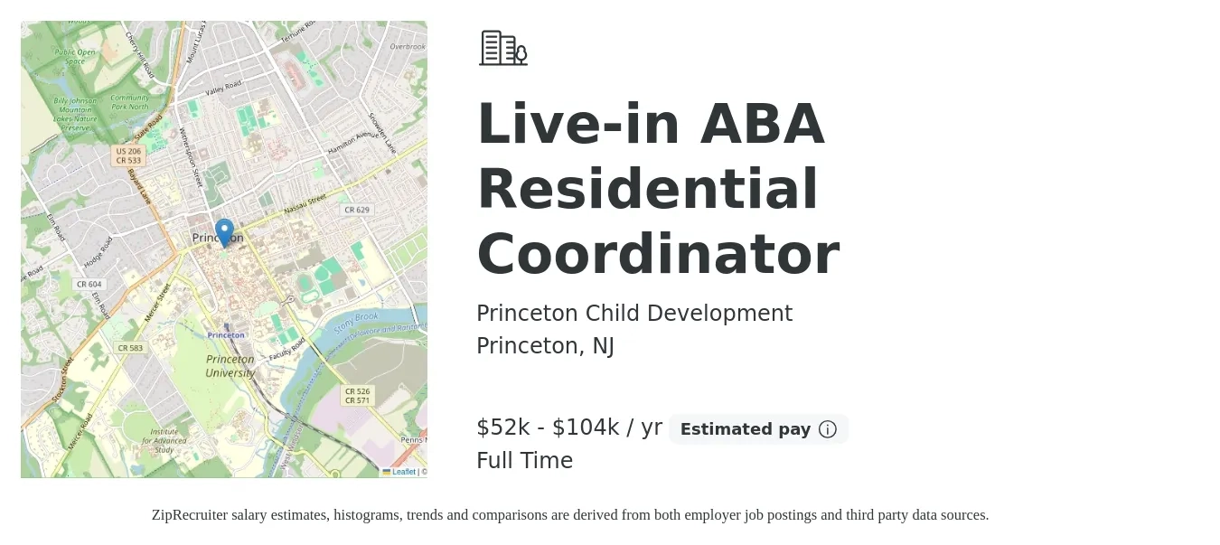 Princeton Child Development job posting for a Live-in ABA Residential Coordinator in Princeton, NJ with a salary of $52,000 to $104,000 Yearly with a map of Princeton location.