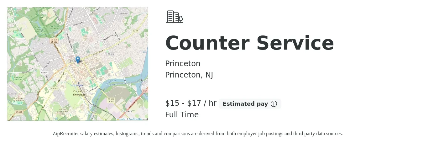 Princeton job posting for a Counter Service in Princeton, NJ with a salary of $16 to $18 Hourly with a map of Princeton location.