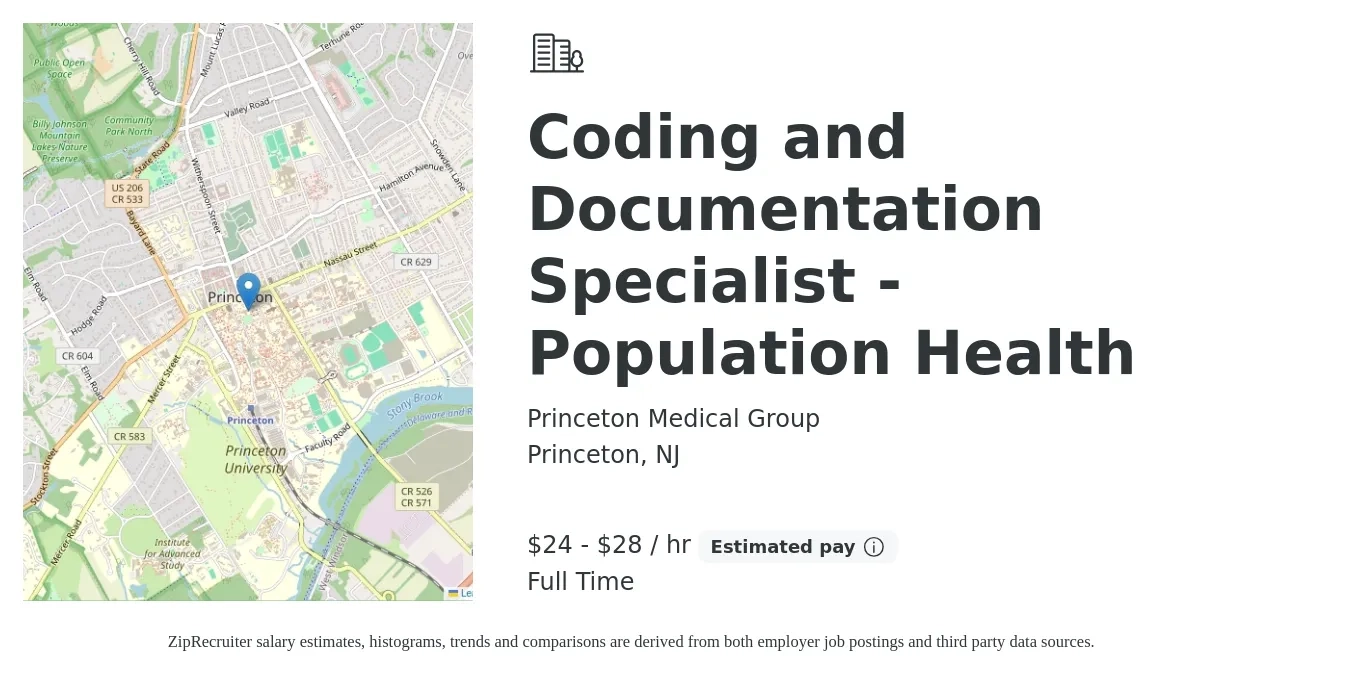 Princeton Medical Group job posting for a Coding and Documentation Specialist - Population Health in Princeton, NJ with a salary of $25 to $30 Hourly with a map of Princeton location.