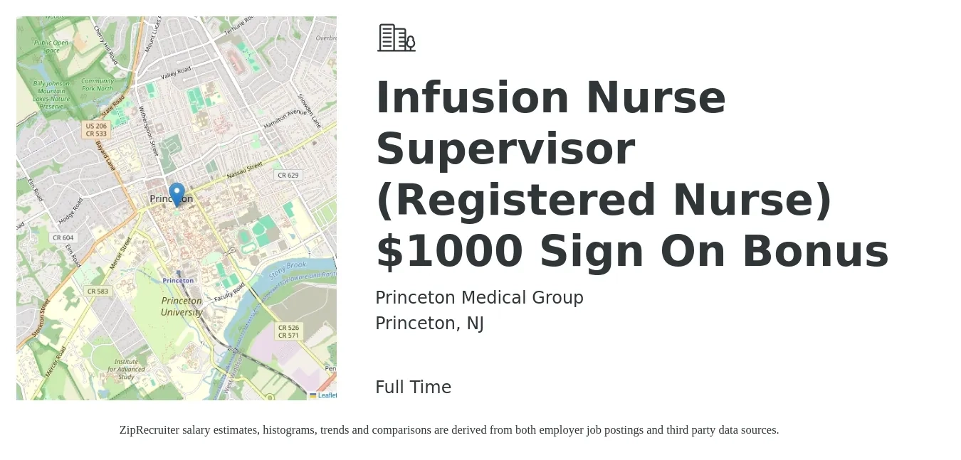 Princeton Medical Group job posting for a Infusion Nurse Supervisor (Registered Nurse) $1000 Sign On Bonus in Princeton, NJ with a salary of $42 to $61 Hourly with a map of Princeton location.