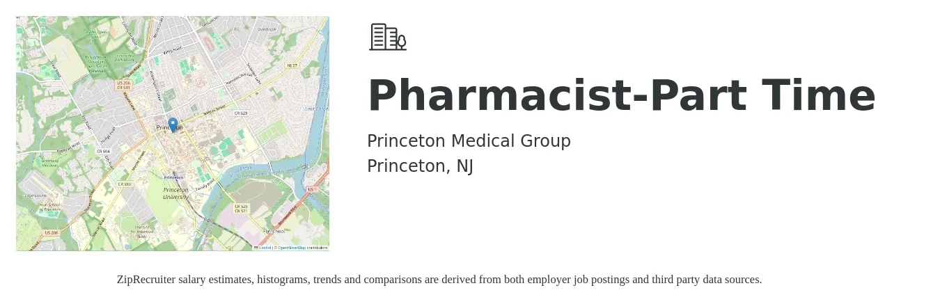 Princeton Medical Group Inc job posting for a Pharmacist Part-Time in Princeton, NJ with a salary of $61 to $74 Hourly with a map of Princeton location.