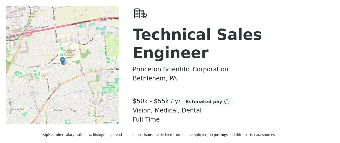 Princeton Scientific Corporation job posting for a Technical Sales Engineer in Bethlehem, PA with a salary of $50,000 to $55,000 Yearly (plus commission) and benefits including medical, vision, and dental with a map of Bethlehem location.
