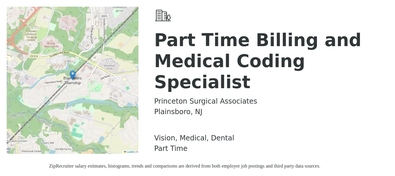 Princeton Surgical Associates job posting for a Part Time Billing and Medical Coding Specialist in Plainsboro, NJ with a salary of $19 to $24 Hourly and benefits including dental, life_insurance, medical, pto, retirement, and vision with a map of Plainsboro location.