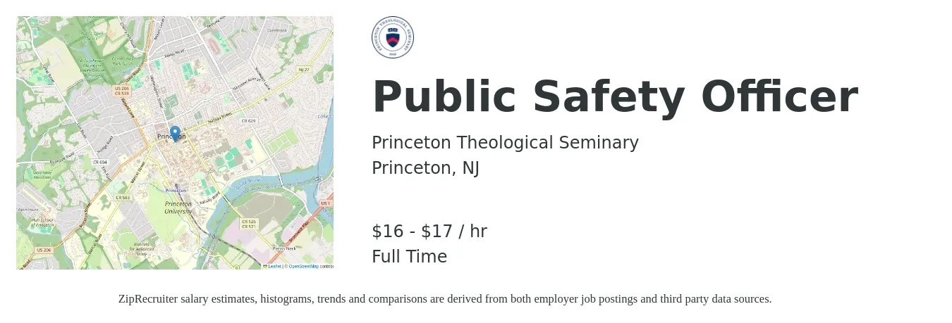 Princeton Theological Seminary job posting for a Public Safety Officer in Princeton, NJ with a salary of $17 to $18 Hourly with a map of Princeton location.