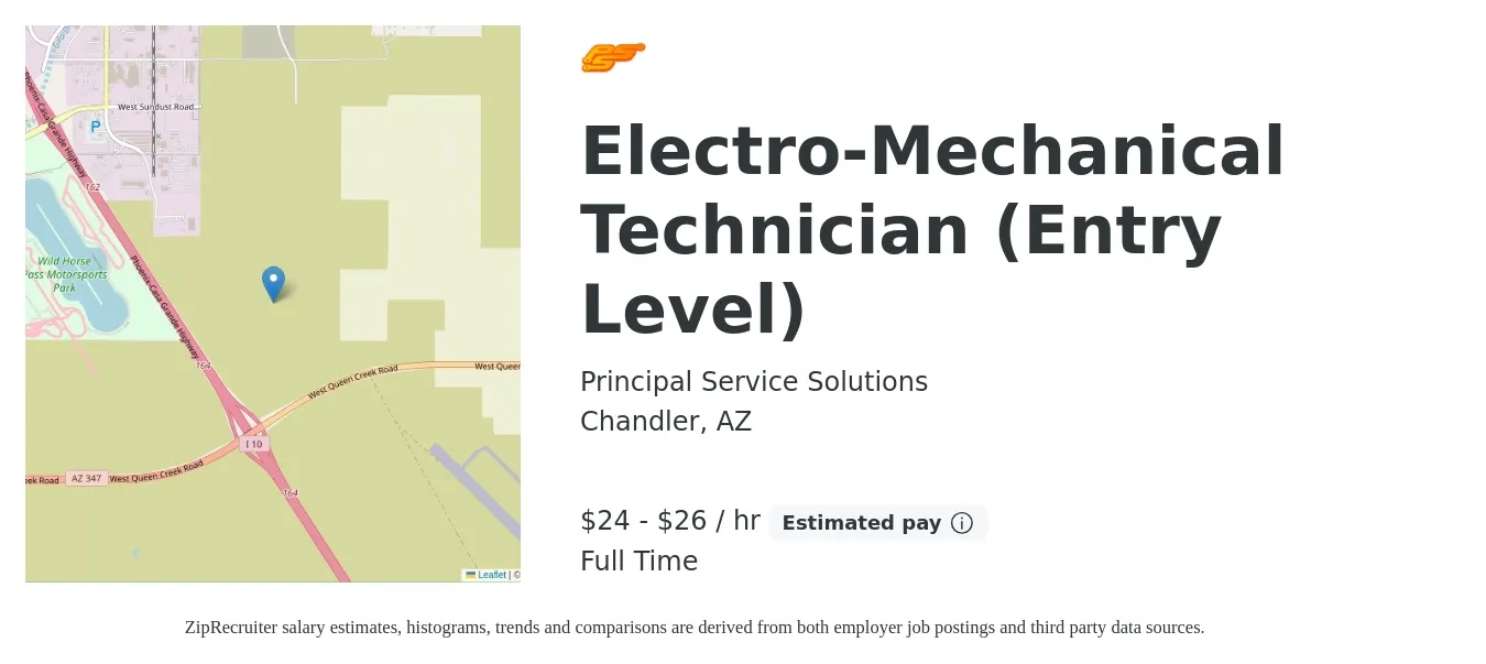 Principal Service Solutions job posting for a Electro-Mechanical Technician (Entry Level) in Chandler, AZ with a salary of $25 to $28 Hourly with a map of Chandler location.