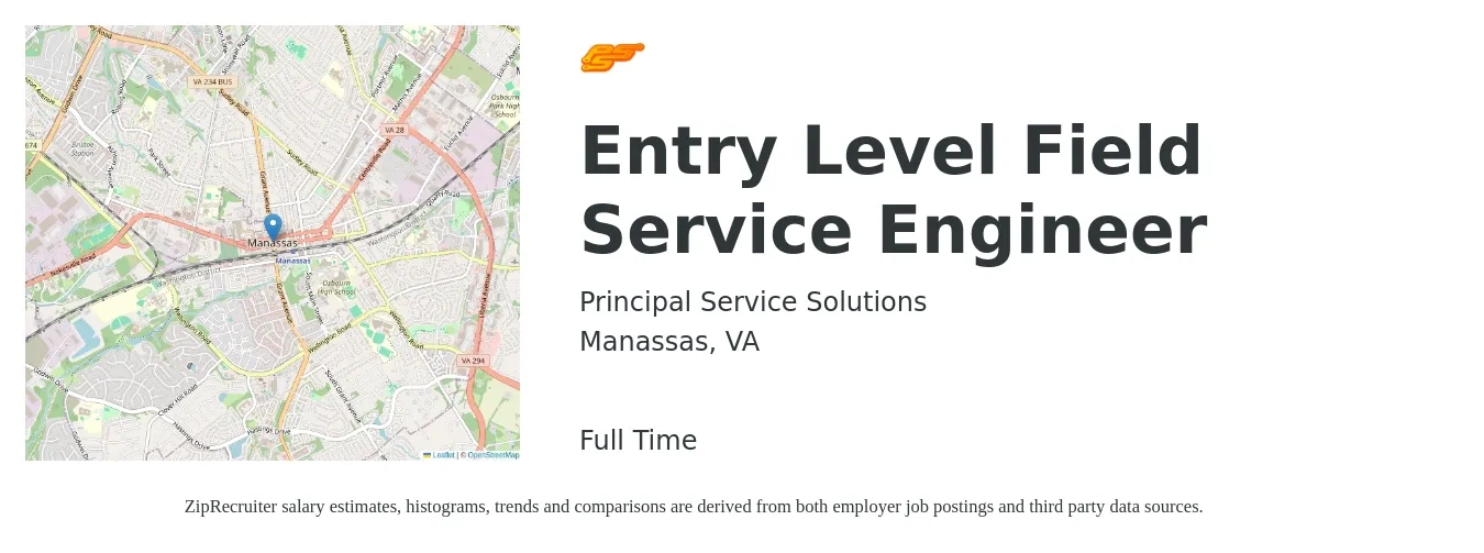 Principal Service Solutions job posting for a Entry Level Field Service Engineer in Manassas, VA with a salary of $56,300 to $83,400 Yearly with a map of Manassas location.