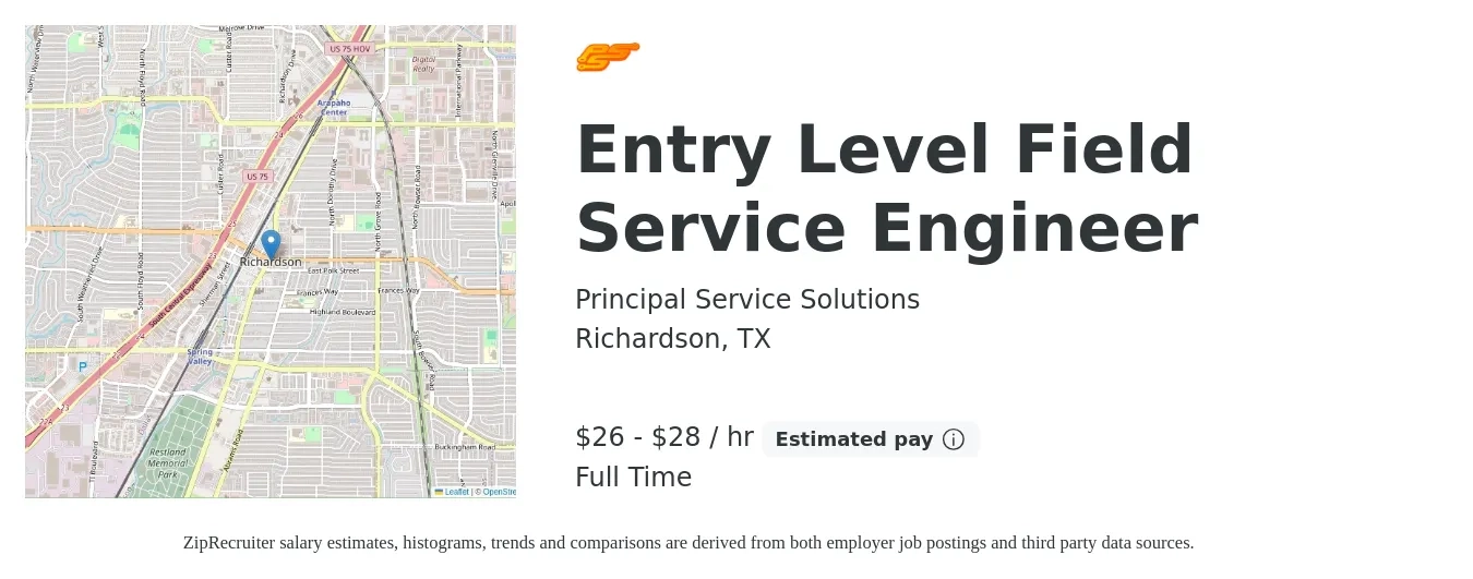 Principal Service Solutions job posting for a Entry Level Field Service Engineer in Richardson, TX with a salary of $28 to $30 Hourly with a map of Richardson location.
