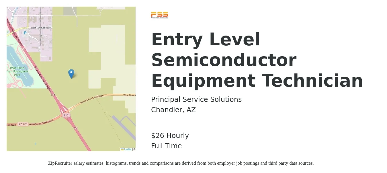 Principal Service Solutions job posting for a Entry Level Semiconductor Equipment Technician in Chandler, AZ with a salary of $28 Hourly with a map of Chandler location.