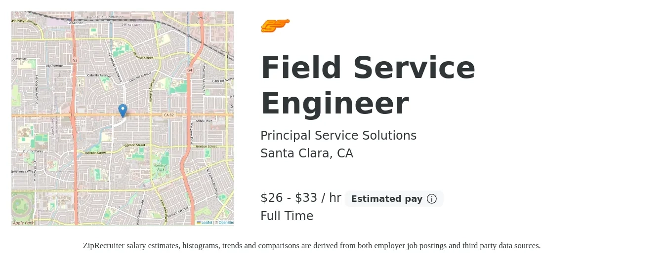 Principal Service Solutions job posting for a Field Service Engineer in Santa Clara, CA with a salary of $28 to $35 Hourly with a map of Santa Clara location.