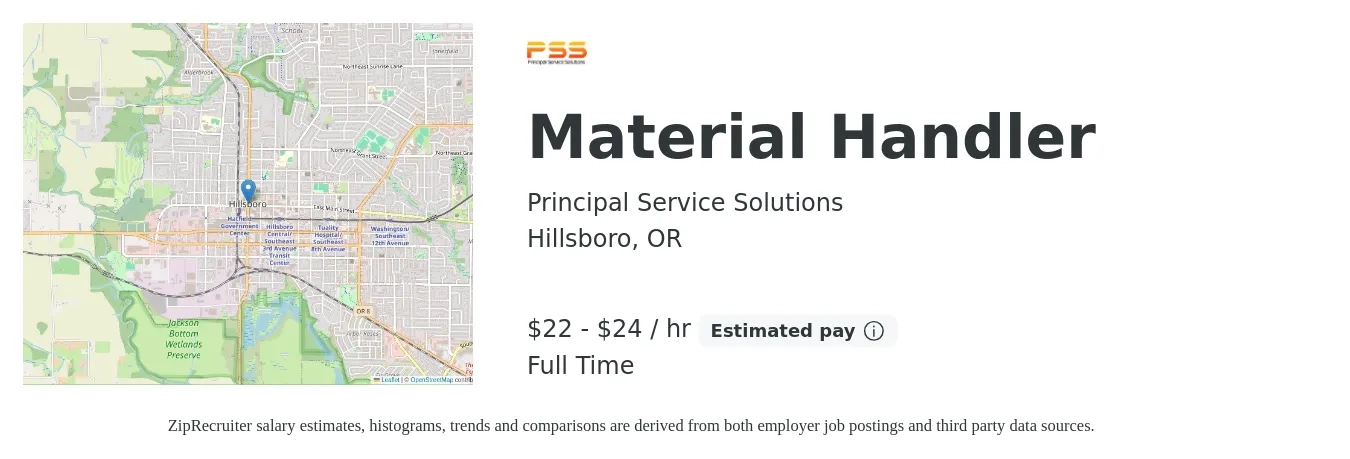 Principal Service Solutions job posting for a Material Handler in Hillsboro, OR with a salary of $23 to $25 Hourly with a map of Hillsboro location.