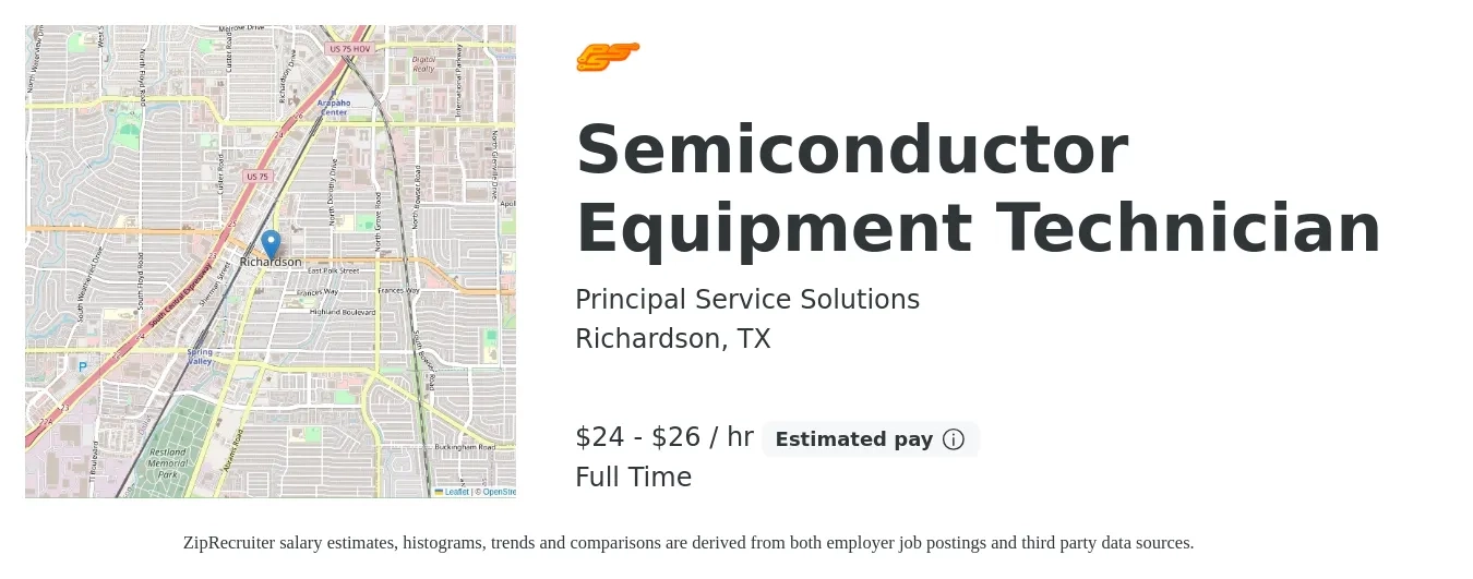 Principal Service Solutions job posting for a Semiconductor Equipment Technician in Richardson, TX with a salary of $27 Yearly with a map of Richardson location.