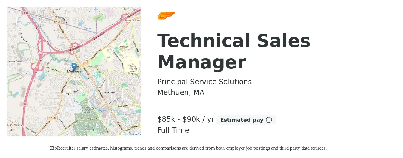 Principal Service Solutions job posting for a Technical Sales Manager in Methuen, MA with a salary of $85,000 to $90,000 Yearly with a map of Methuen location.