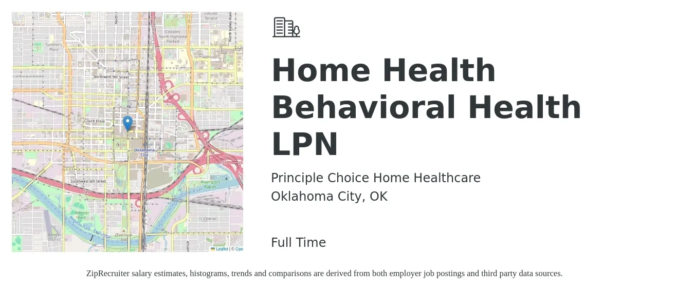 Principle Choice Home Healthcare job posting for a Home Health Behavioral Health LPN in Oklahoma City, OK with a salary of $24 to $32 Hourly with a map of Oklahoma City location.