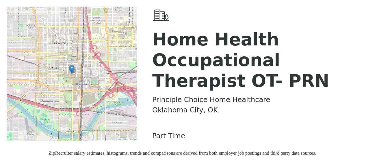 Principle Choice Home Healthcare job posting for a Home Health Occupational Therapist OT- PRN in Oklahoma City, OK with a salary of $39 to $50 Hourly with a map of Oklahoma City location.