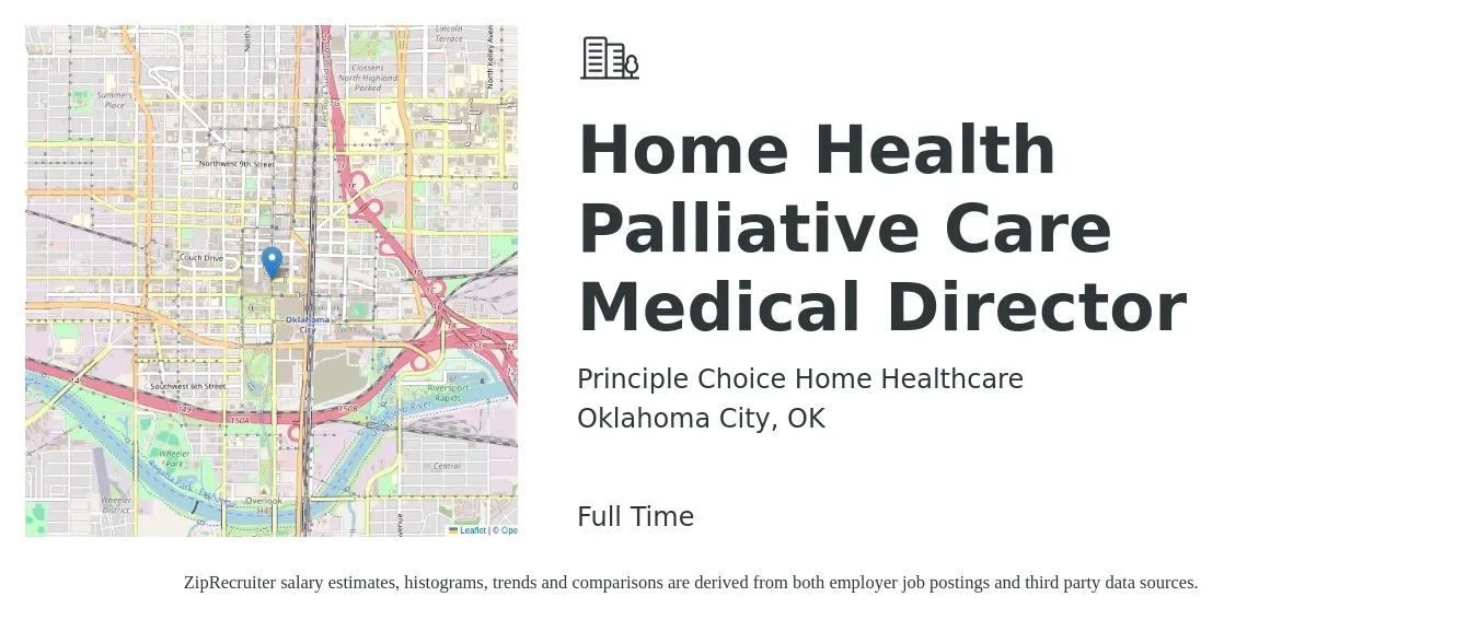 Principle Choice Home Healthcare job posting for a Home Health Palliative Care Medical Director in Oklahoma City, OK with a salary of $183,900 to $264,300 Yearly with a map of Oklahoma City location.