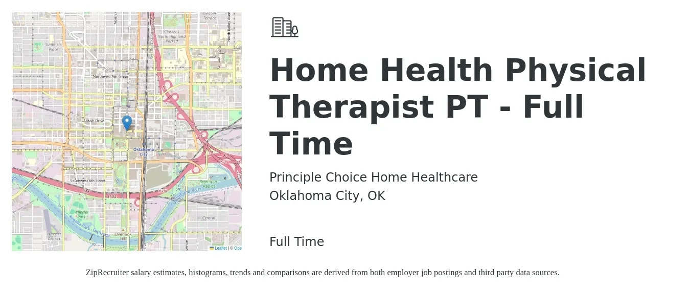 Principle Choice Home Healthcare job posting for a Home Health Physical Therapist PT - Full Time in Oklahoma City, OK with a salary of $39 to $54 Hourly with a map of Oklahoma City location.