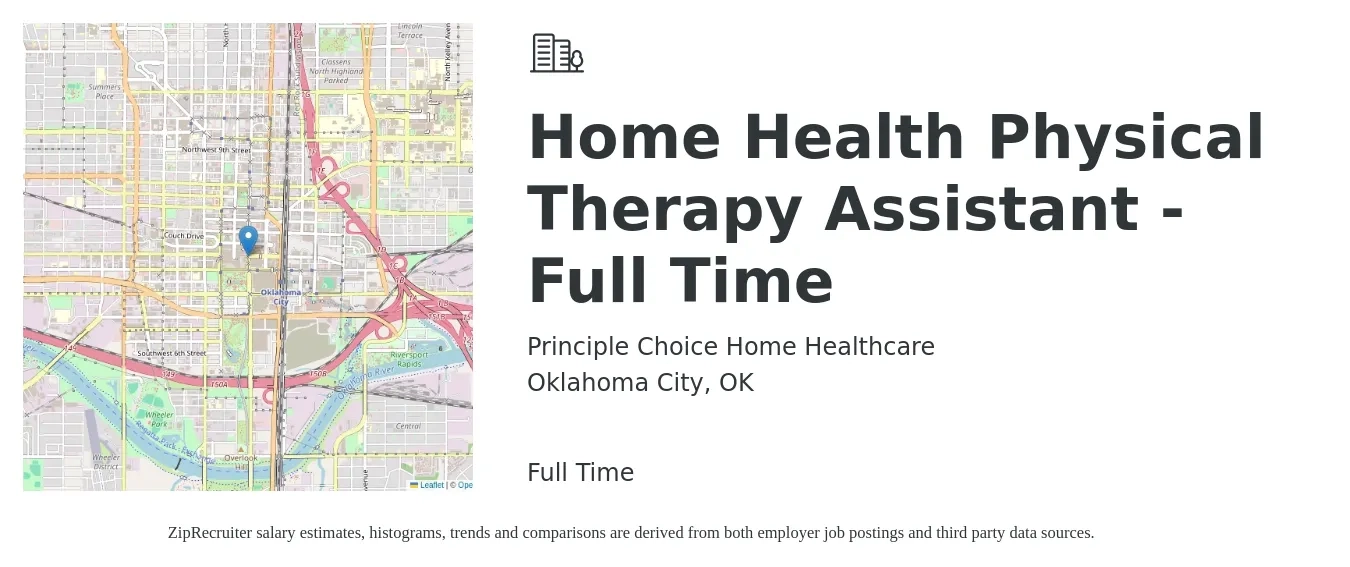 Principle Choice Home Healthcare job posting for a Home Health Physical Therapy Assistant - Full Time in Oklahoma City, OK with a salary of $39 to $54 Hourly with a map of Oklahoma City location.