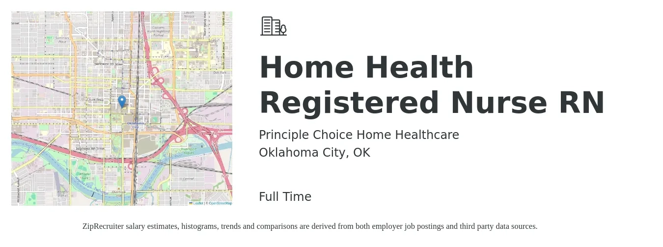 Principle Choice Home Healthcare job posting for a Home Health Registered Nurse RN in Oklahoma City, OK with a salary of $1,480 to $2,210 Weekly with a map of Oklahoma City location.
