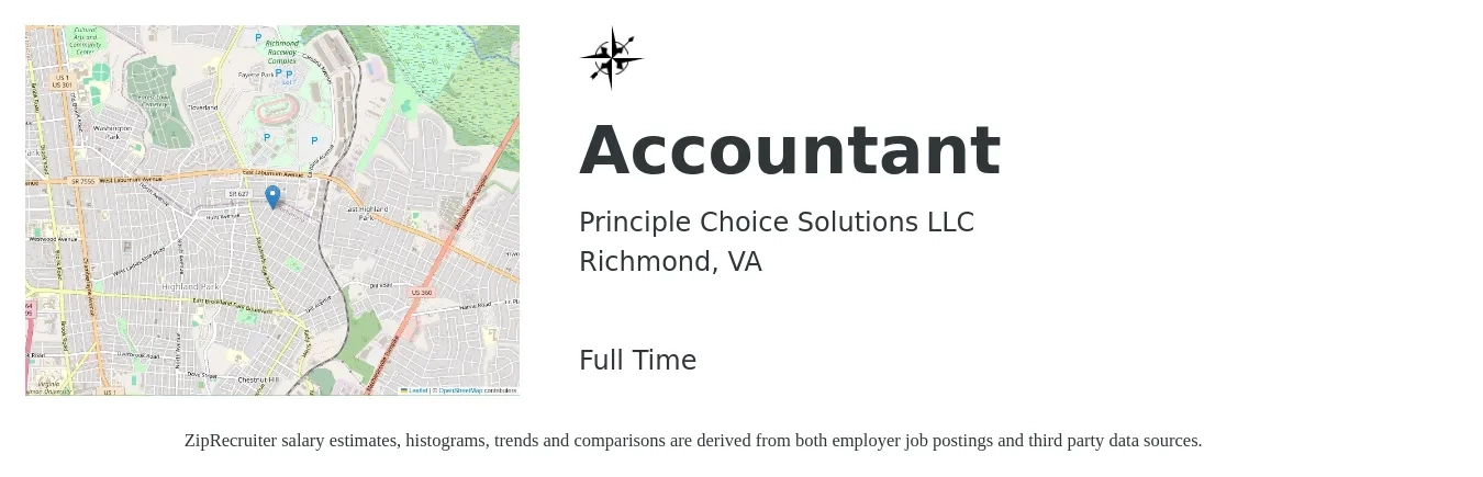 Principle Choice Solutions LLC job posting for a Accountant in Richmond, VA with a salary of $52,900 to $77,700 Yearly with a map of Richmond location.