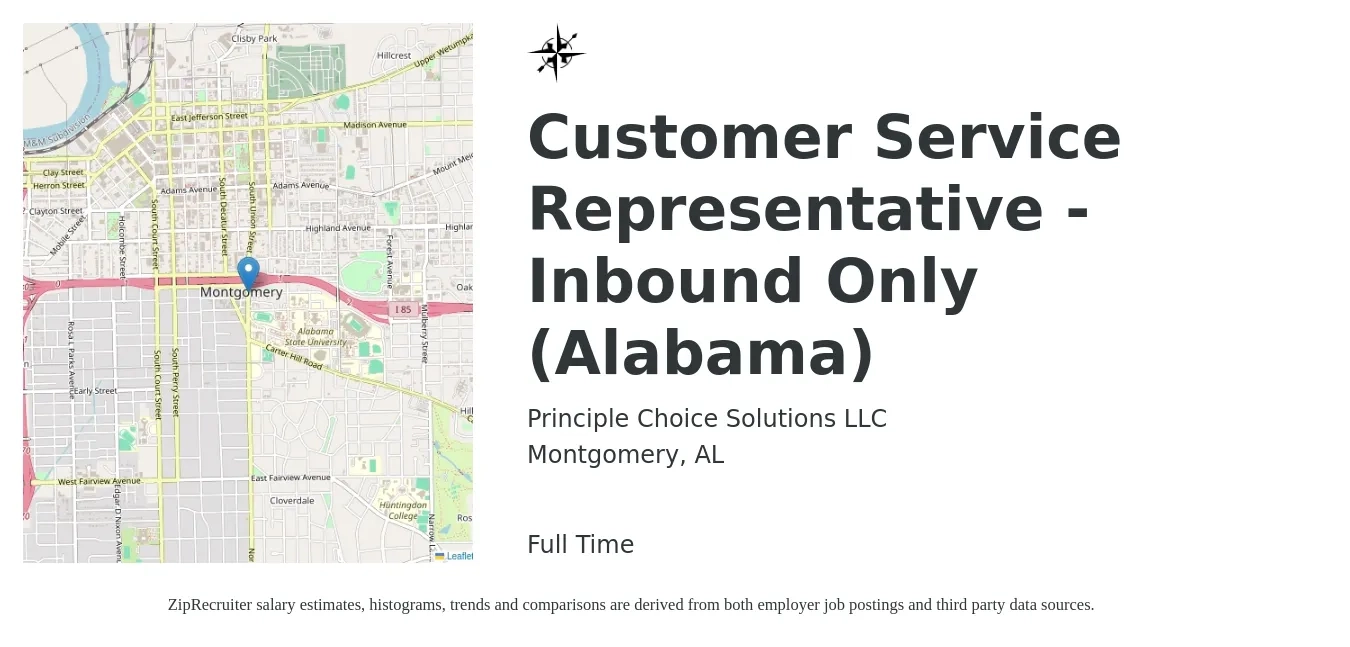 Principle Choice Solutions LLC job posting for a Customer Service Representative - Inbound Only (Alabama) in Montgomery, AL with a salary of $17 Hourly with a map of Montgomery location.