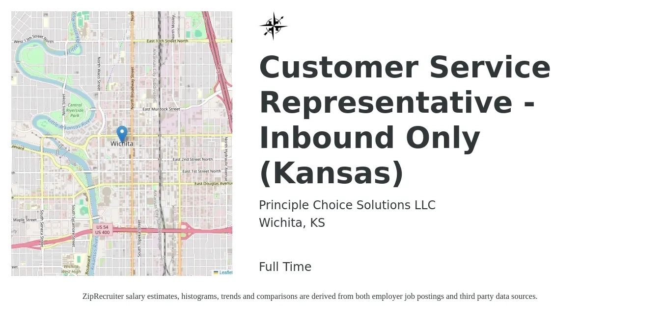 Principle Choice Solutions LLC job posting for a Customer Service Representative - Inbound Only (Kansas) in Wichita, KS with a salary of $17 Hourly with a map of Wichita location.