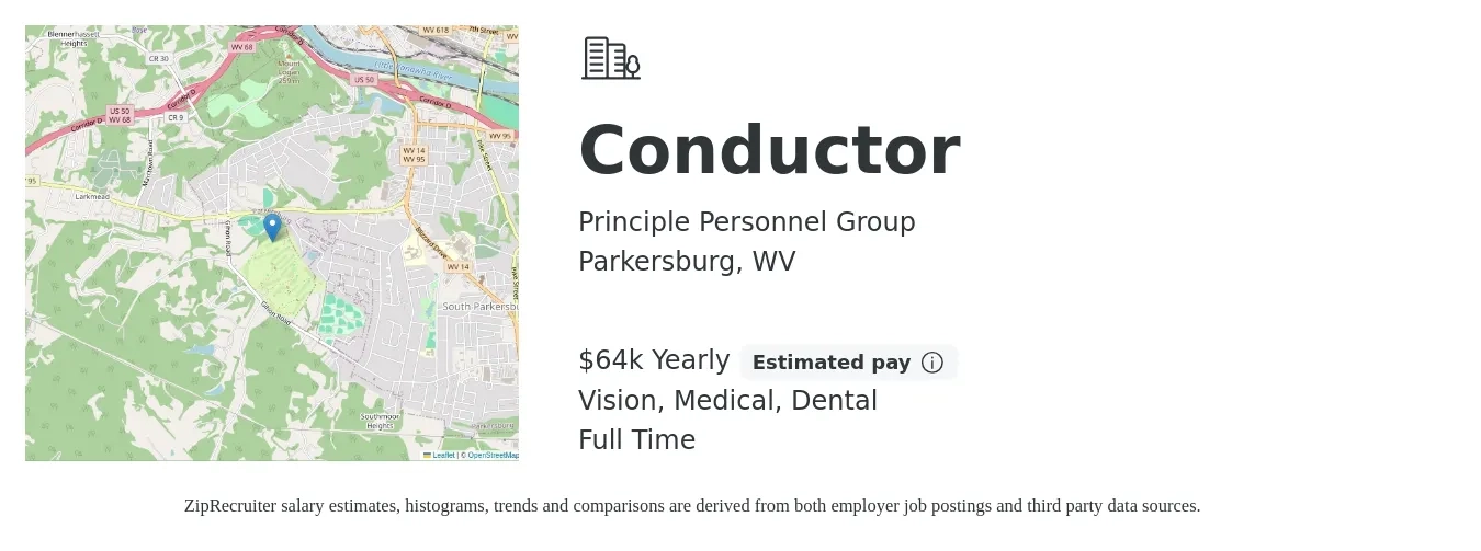 Principle Personnel Group job posting for a Conductor in Parkersburg, WV with a salary of $64,800 to $64,801 Yearly and benefits including dental, life_insurance, medical, pto, retirement, and vision with a map of Parkersburg location.
