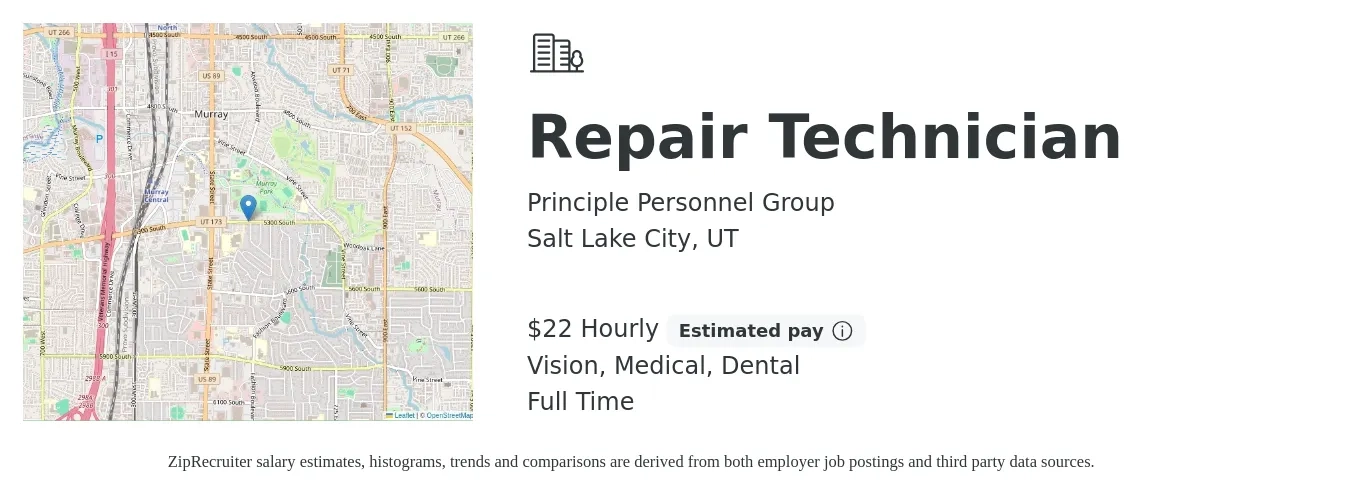 Principle Personnel Group job posting for a Repair Technician in Salt Lake City, UT with a salary of $24 to $24 Hourly and benefits including dental, life_insurance, medical, pto, retirement, and vision with a map of Salt Lake City location.