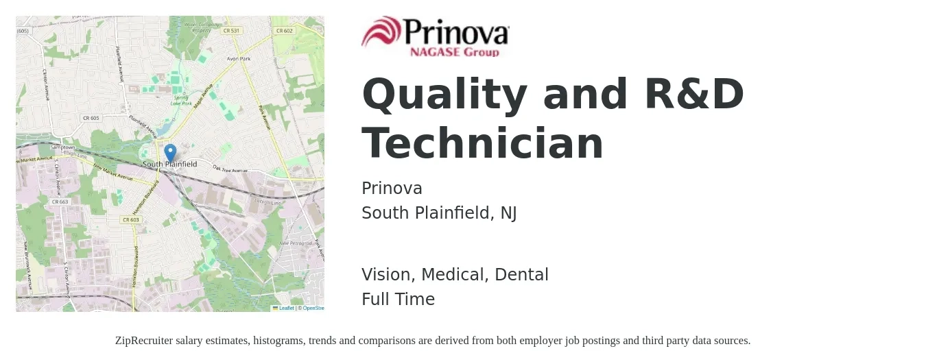 Prinova job posting for a Quality and R&D Technician in South Plainfield, NJ with a salary of $19 to $25 Hourly and benefits including dental, life_insurance, medical, pto, retirement, and vision with a map of South Plainfield location.