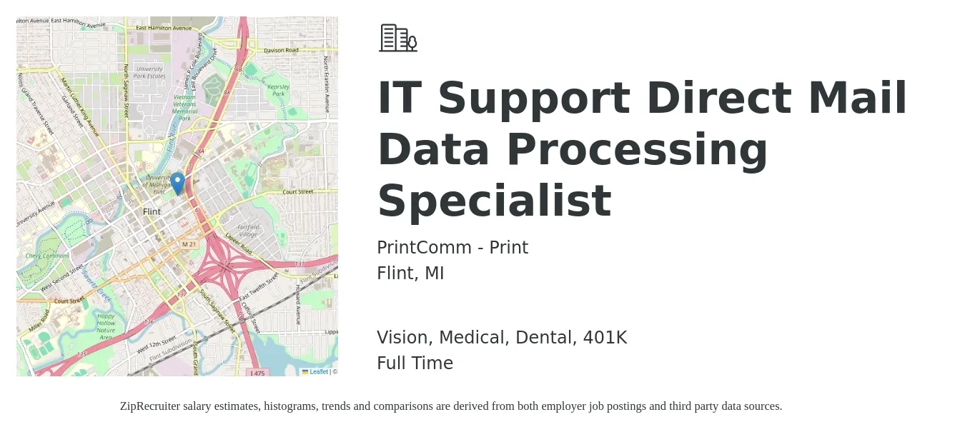 PrintComm - Print job posting for a IT Support Direct Mail Data Processing Specialist in Flint, MI with a salary of $50,600 to $84,600 Yearly and benefits including medical, vision, 401k, and dental with a map of Flint location.