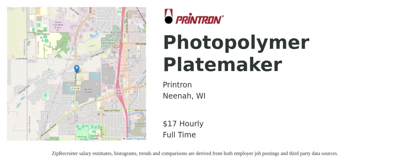 Printron job posting for a Photopolymer Platemaker in Neenah, WI with a salary of $16 to $18 Hourly with a map of Neenah location.