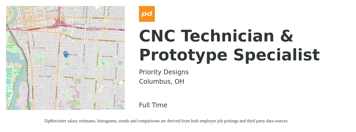 Priority Designs job posting for a CNC Technician & Prototype Specialist in Columbus, OH with a salary of $20 to $29 Hourly with a map of Columbus location.