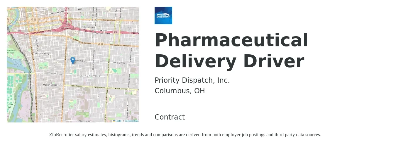 Priority Dispatch, Inc. job posting for a Pharmaceutical Delivery Driver in Columbus, OH with a salary of $15 to $19 Hourly with a map of Columbus location.