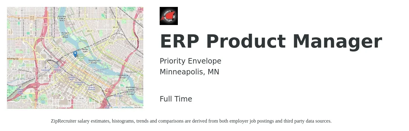 Priority Envelope job posting for a ERP Product Manager in Minneapolis, MN with a salary of $147,200 to $205,600 Yearly with a map of Minneapolis location.