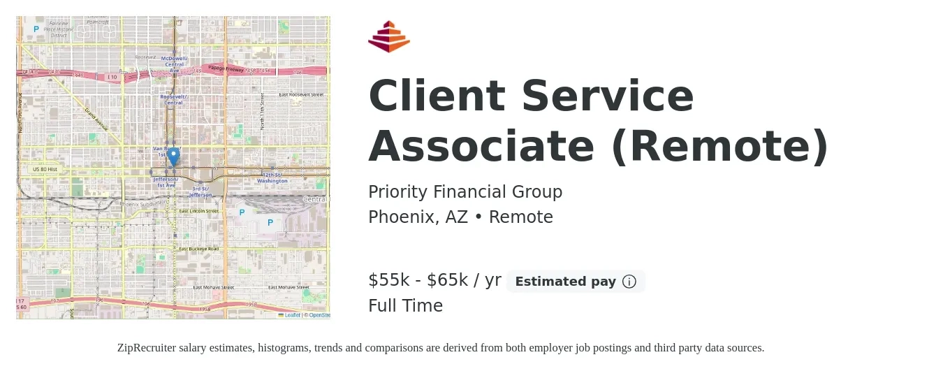 Priority Financial Group job posting for a Client Service Associate (Remote) in Phoenix, AZ with a salary of $55,000 to $65,000 Yearly with a map of Phoenix location.